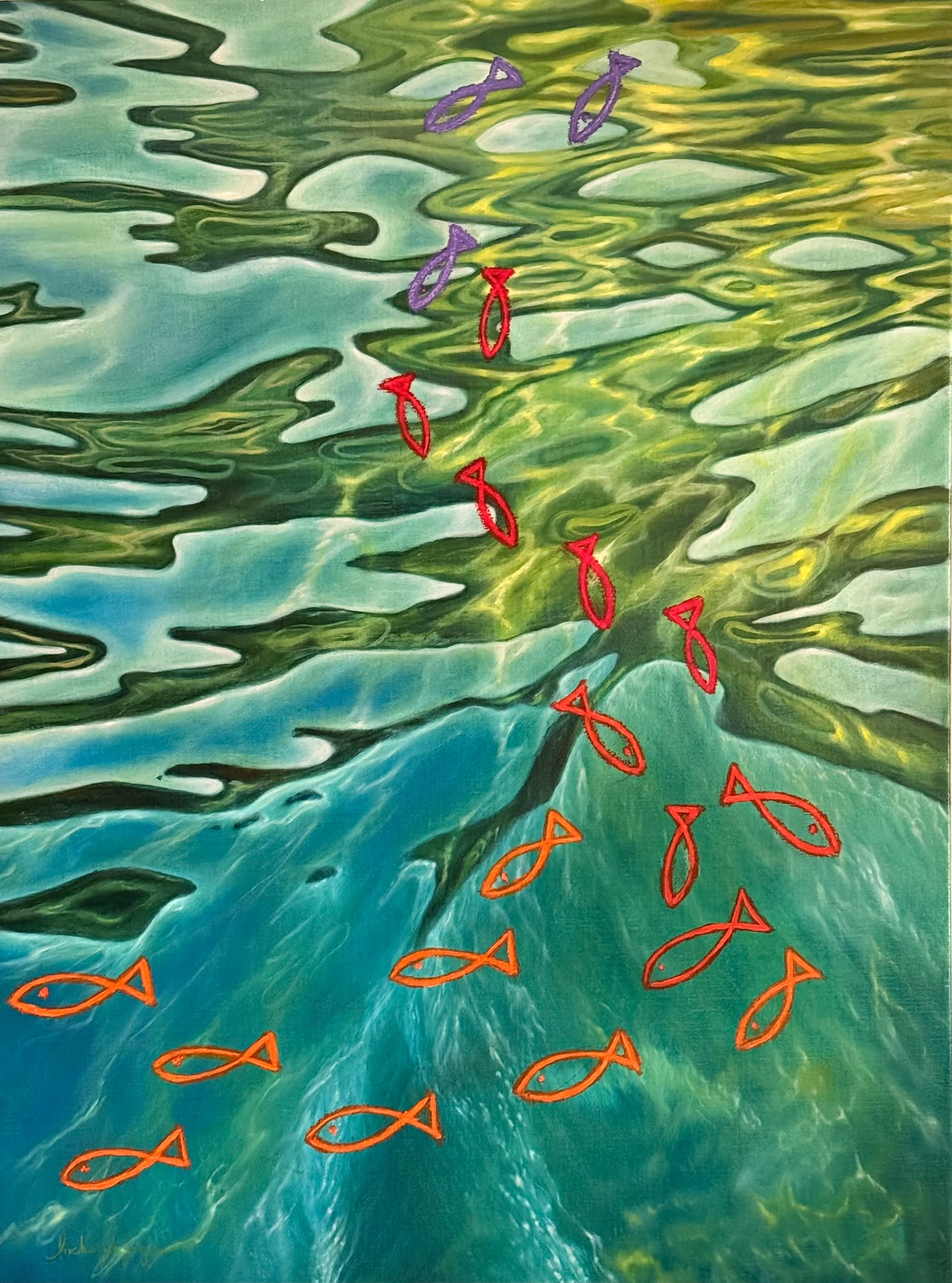 Mediterráneo: água pintada com peixes desenhados a pastel roxo, vermelho e laranja