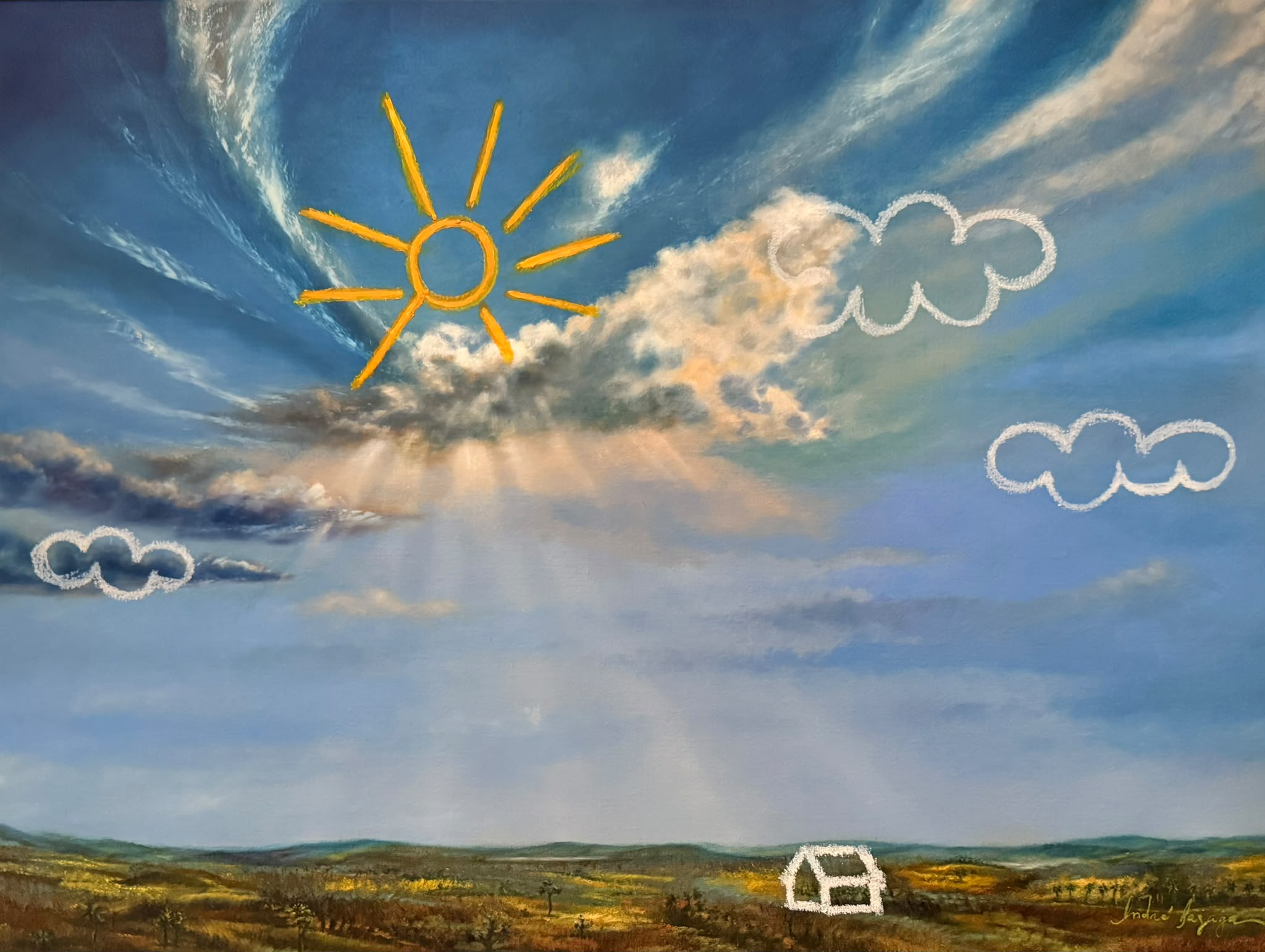 Casita blanca: céu pintado a óleo com sol, nuvens e uma casinha desenhados a pastel